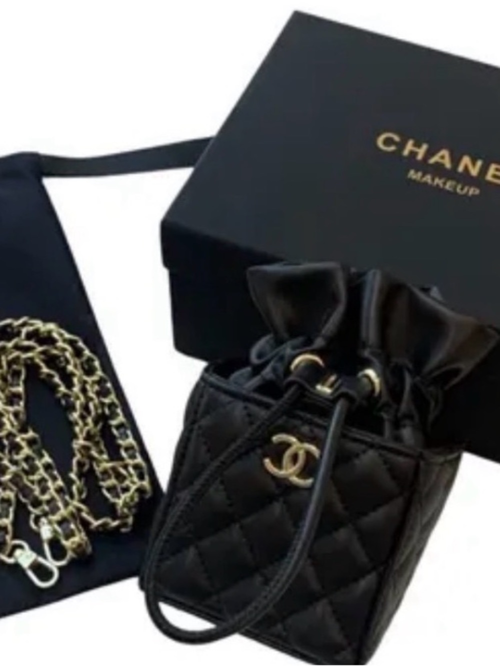 GWP-CHANEL Black Quilted Mini Drawstring Bucket Bag with Gold Chain Strap